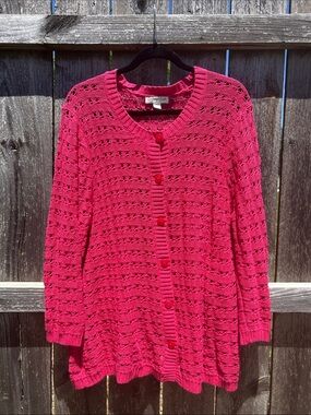 Coldwater Creek Vintage Fuchsia Pink Ramie Cotton Knit Crochet Cardigan 1X 18